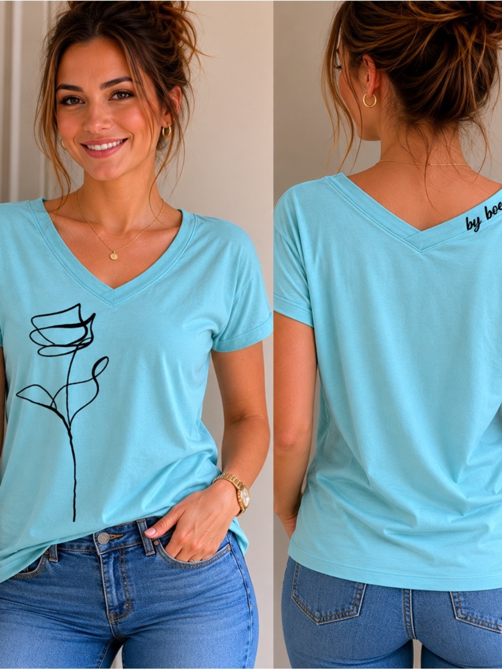 Women's Light Blue V-Neck Floral Graphic Tee